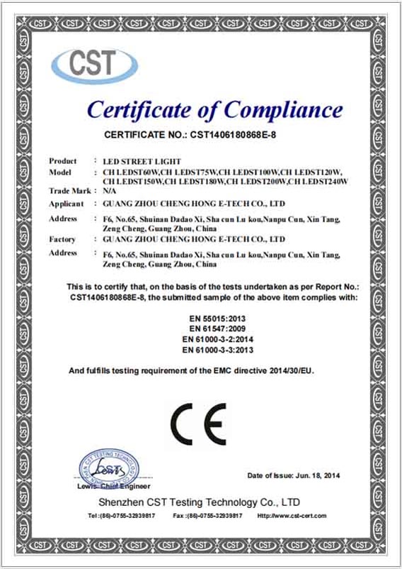 Certificazioni CE per la serie LED Street Lighting